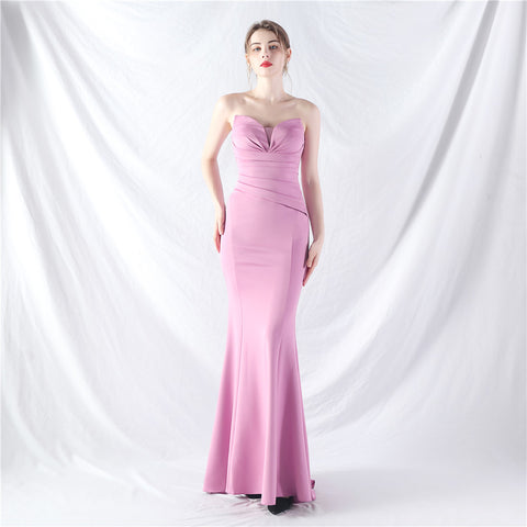 Craft Dress Sexy Shoulder Wrap Chest satin fabric Evening Dress