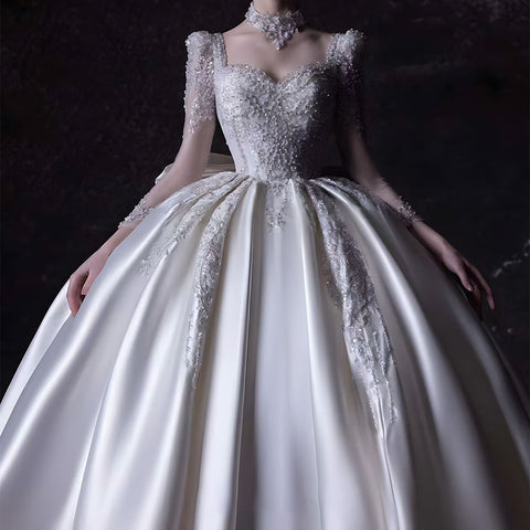 Luxury Boat Neck Sequins Satin Ball Gown Bridal Wedding Dress