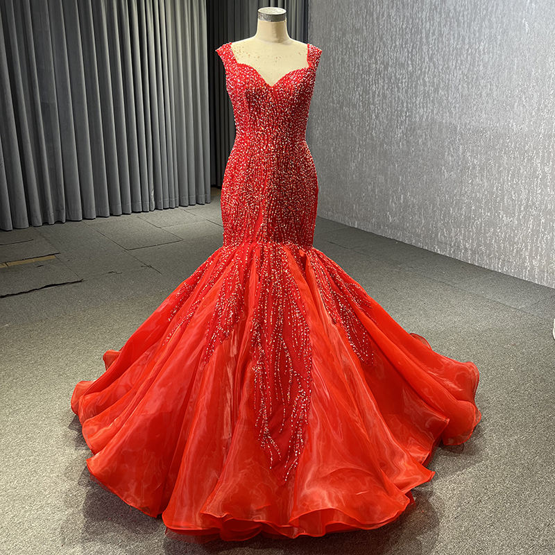 Stylish Tulle Red Sequins Mermaid Bridal Gown