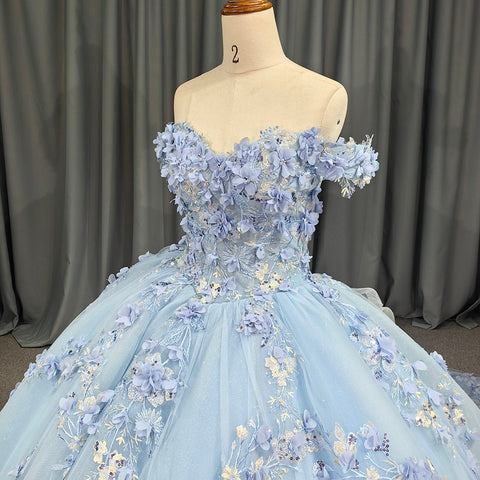 Sweet Baby Blue Appliqued Flower Bridal Gown