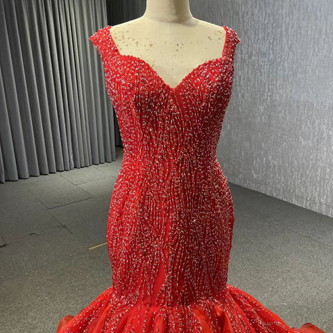 Stylish Tulle Red Sequins Mermaid Bridal Gown