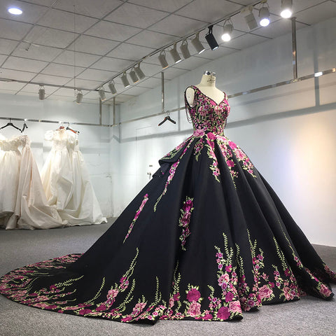 Glamorous Black Floral design Bridal Gown