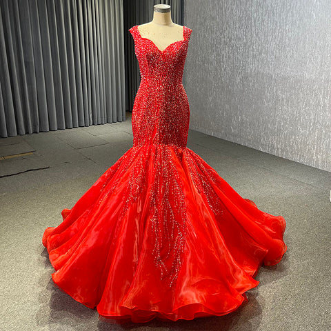 Stylish Tulle Red Sequins Mermaid Bridal Gown