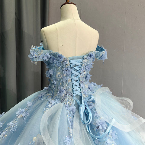 Sweet Baby Blue Appliqued Flower Bridal Gown