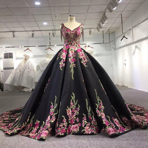 Glamorous Black Floral design Bridal Gown