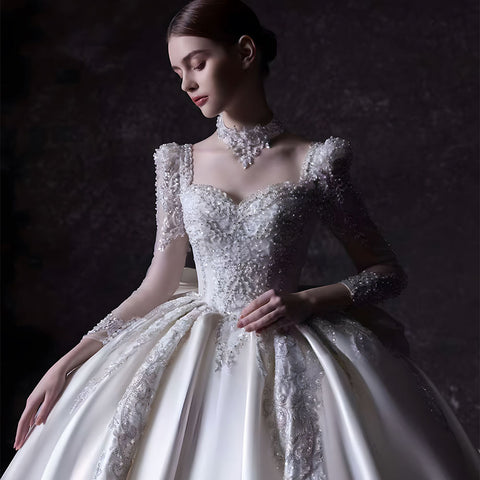 Luxury Boat Neck Sequins Satin Ball Gown Bridal Wedding Dress