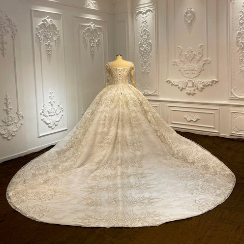 Luxury Square Collar Empire Bridal Wedding Gown With Long Train