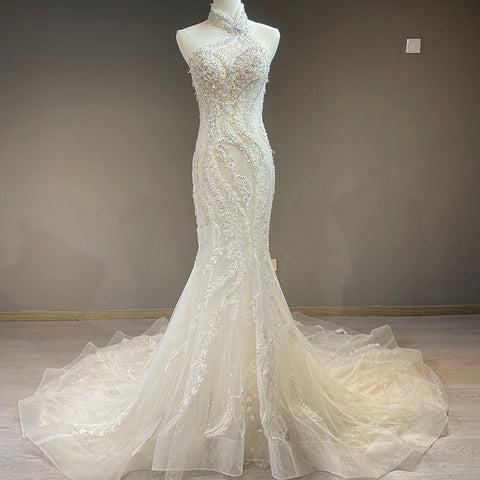 Lace Halter Sleeveless Mermaid Wedding Gown