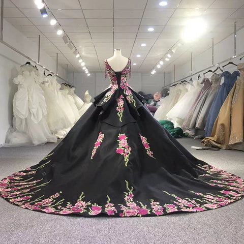 Glamorous Black Floral design Bridal Gown