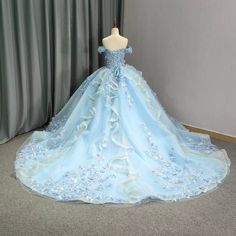 Sweet Baby Blue Appliqued Flower Bridal Gown