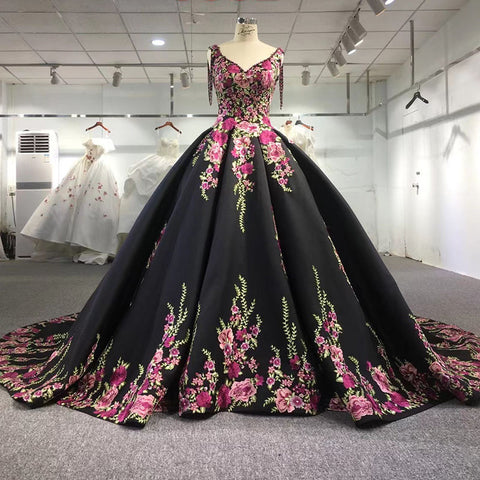 Glamorous Black Floral design Bridal Gown