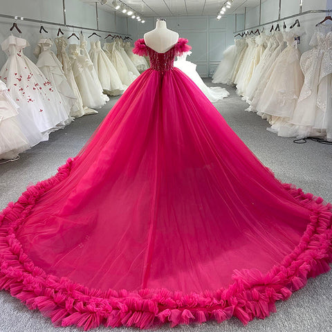 Pink Tulle Beaded Off Shoulder Bridal Gown