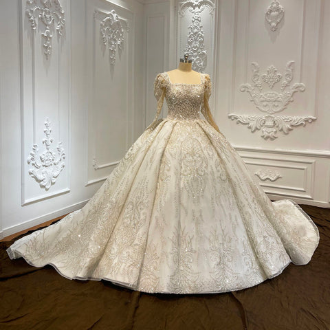 Luxury Square Collar Empire Bridal Wedding Gown With Long Train