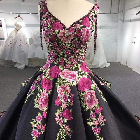 Glamorous Black Floral design Bridal Gown