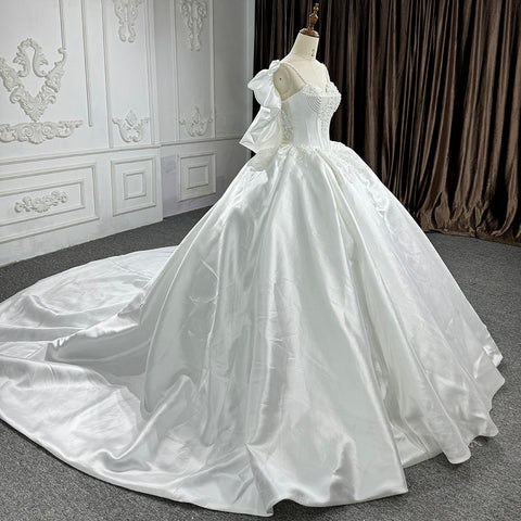 Soft Satin Beaded Ball Gown Wedding Dress With Long Train