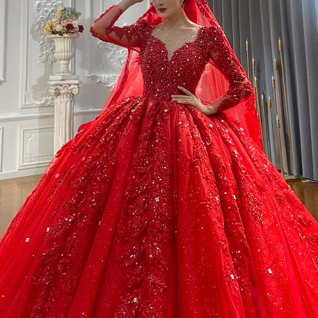 Vintage Red Glitter Long Sleeve Bridal Gown