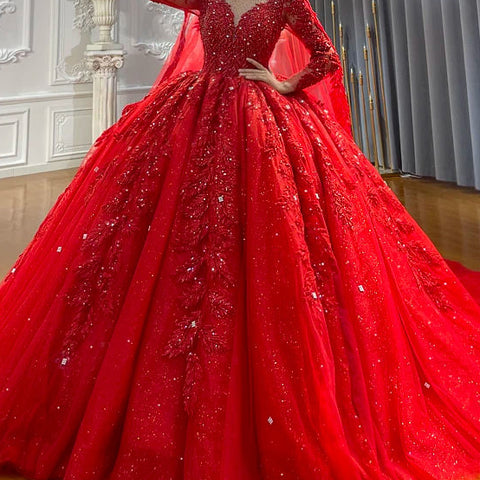 Vintage Red Glitter Long Sleeve Bridal Gown