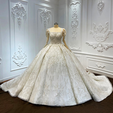 Luxury Square Collar Empire Bridal Wedding Gown With Long Train