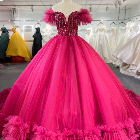 Pink Tulle Beaded Off Shoulder Bridal Gown