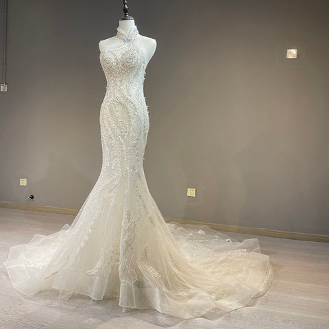 Lace Halter Sleeveless Mermaid Wedding Gown