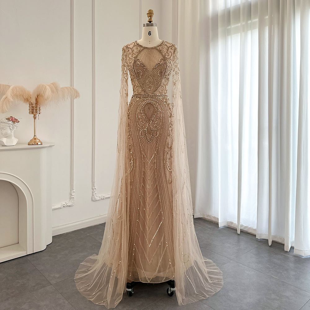 Luxury Gold Sequins Beaded Evening Bridal Gown