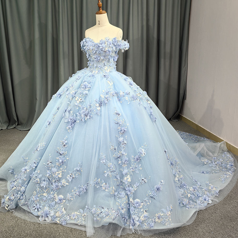 Sweet Baby Blue Appliqued Flower Bridal Gown