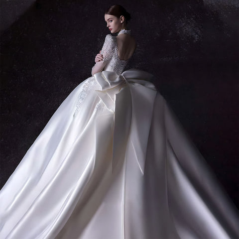 Luxury Boat Neck Sequins Satin Ball Gown Bridal Wedding Dress