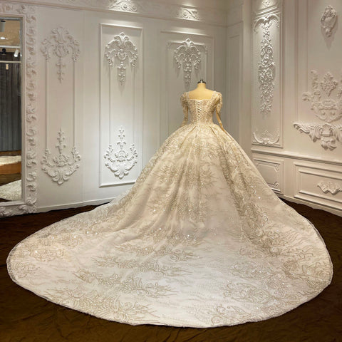 Luxury Square Collar Empire Bridal Wedding Gown With Long Train