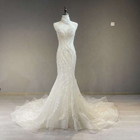 Lace Halter Sleeveless Mermaid Wedding Gown