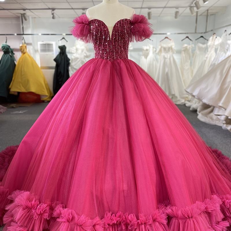 Pink Tulle Beaded Off Shoulder Bridal Gown