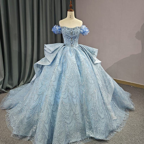 Fairy Blue Princess Beaded Evening Bridal Gown