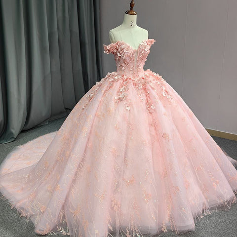 Princess Lace Pink 3D Flowers Bridal Gown