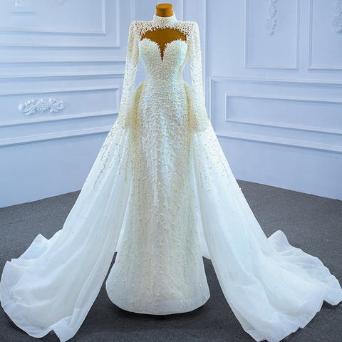 Luxury White High Neck Long Sleeve Mermaid Wedding Dress