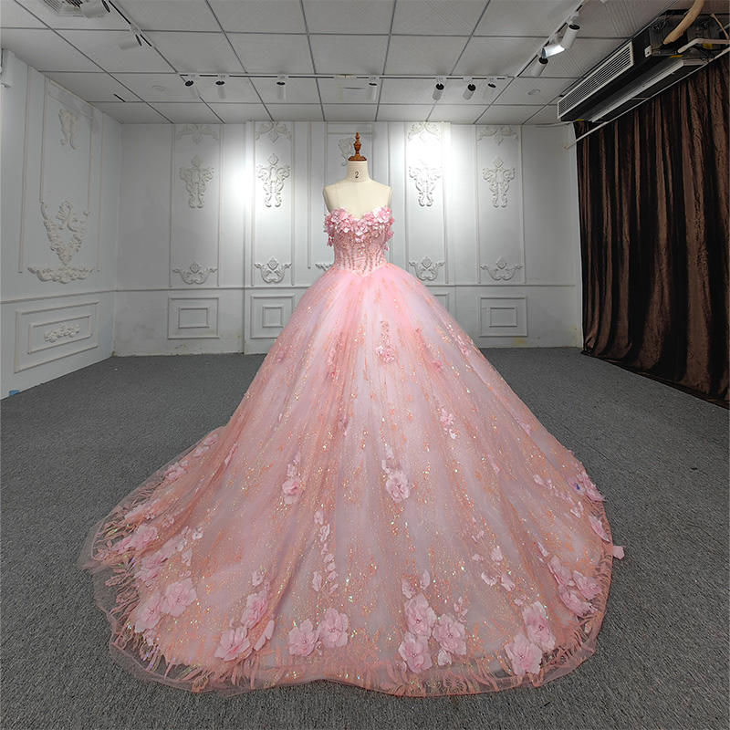 Princess Pink Sweetheart Bridal Gown with 3D Flowers and Pearl Detail