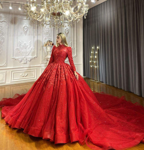 Sparkling High Neck Red Statement Bridal Gown