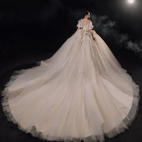 Elegant Satin Off Shoulder Heavy Beaded Bridal Wedding Dress