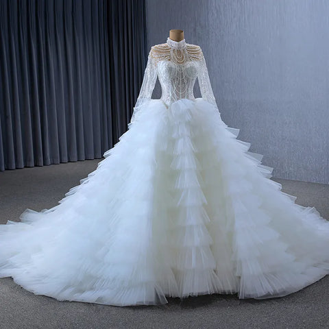 Luxury Ruffle Sequins High Neck Beaded Wedding Ball Gown