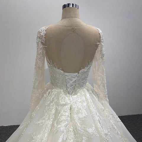 Elegant Cute O-neck Long Sleeve Lace Up Backless Wedding Dress