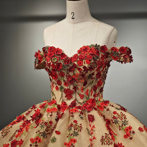 Vintage Style Red Flowers Evening Bridal Gown