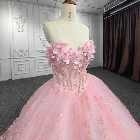 Princess Pink Sweetheart Bridal Gown with 3D Flowers and Pearl Detail