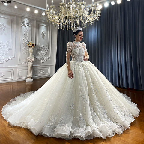 Luxury High Neck Beautiful Lace Bridal Wedding Ball Gown Dress