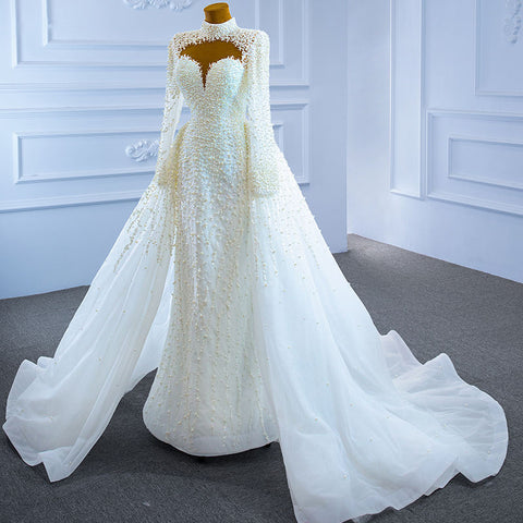 Luxury White High Neck Long Sleeve Mermaid Wedding Dress