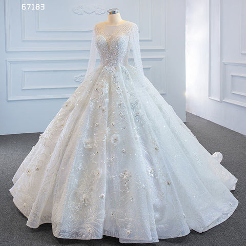 Stunning long sleeve traditional high neck long trail wedding dress