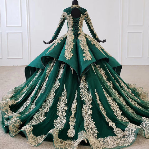 Royal Vintage Style green long sleeve sequin beaded o neck luxury Bridal Gown