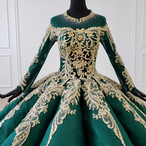 Royal Vintage Style green long sleeve sequin beaded o neck luxury Bridal Gown