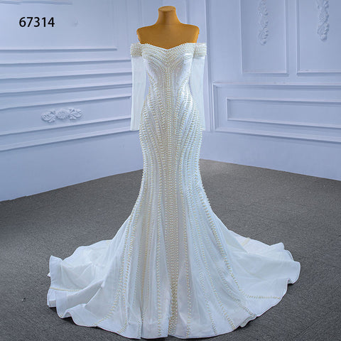 White Elegant Crystal Beads Sequins Luxury Bridal Gown Wedding Dress