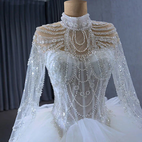 Luxury Ruffle Sequins High Neck Beaded Wedding Ball Gown