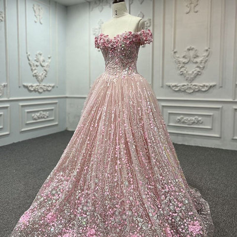 Dazzling Pink Off Shoulder Bridal Gown