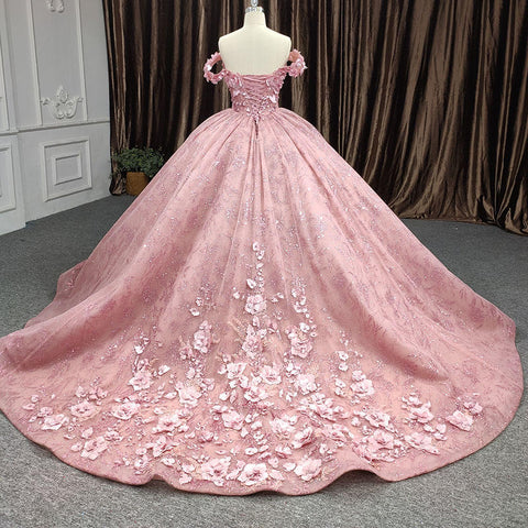 Pink Floral Design Elegant Off Shoulder Bridal Gown