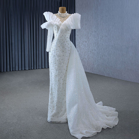 Luxury Asymmetric Pearl studded ruffled neckline Wedding Gown